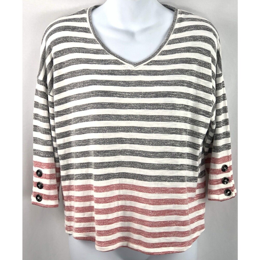 Onque Knit Cropped Top PM Gray Striped 3/4 Sleeve Button Accents V-Neck Jersey